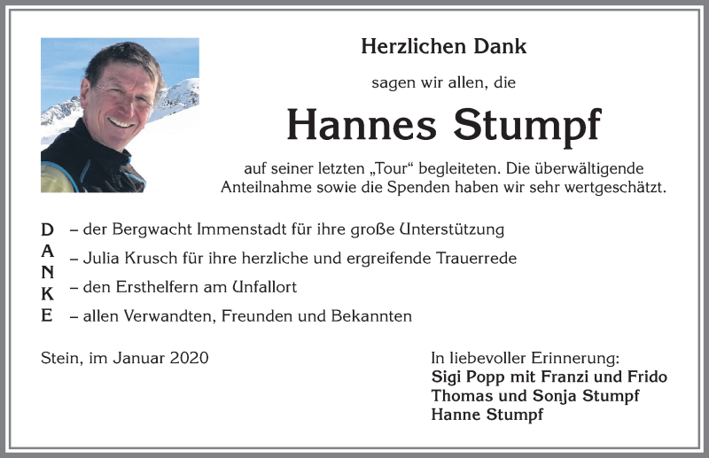 Traueranzeige von Hannes Stumpf von Allgäuer Anzeigeblatt