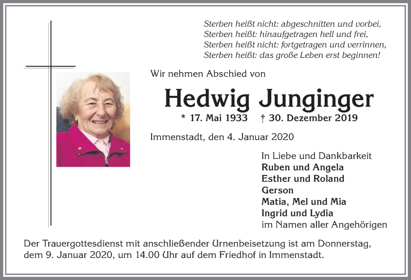 Traueranzeige von Hedwig Jungfinger von Allgäuer Anzeigeblatt