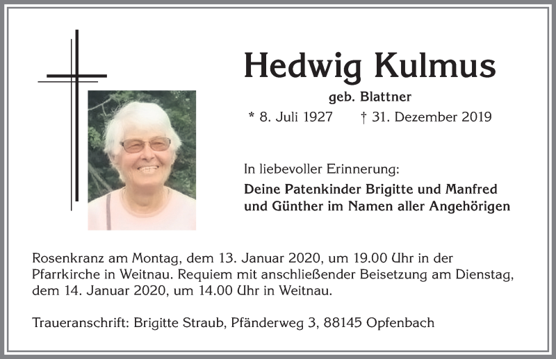 Traueranzeige von Hedwig Kulmus von Allgäuer Zeitung,Kempten