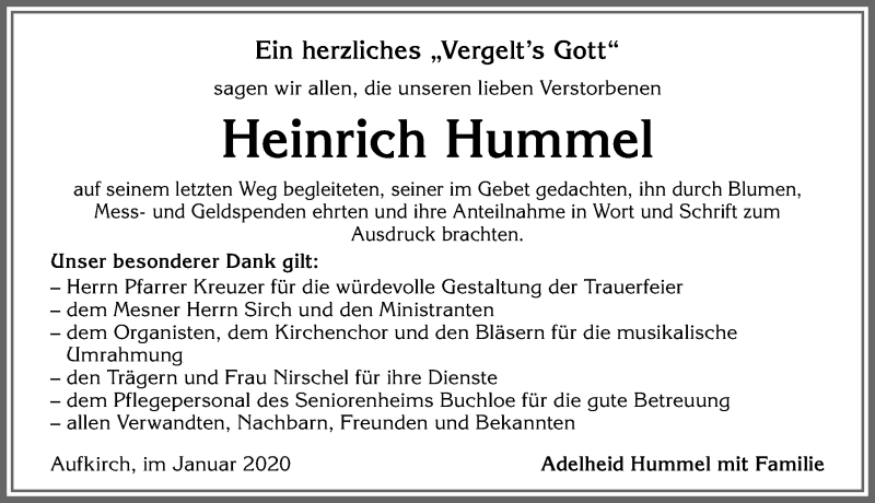 Traueranzeige von Heinrich Hummel von Allgäuer Zeitung, Kaufbeuren/Buchloe