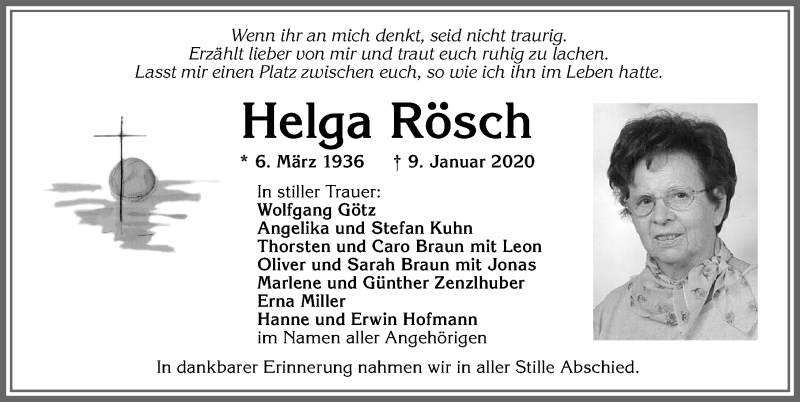 Traueranzeige von Helga Rösch von Allgäuer Zeitung, Kaufbeuren/Buchloe