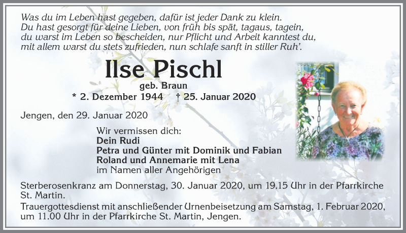 Traueranzeige von Ilse Pischl von Allgäuer Zeitung, Kaufbeuren/Buchloe