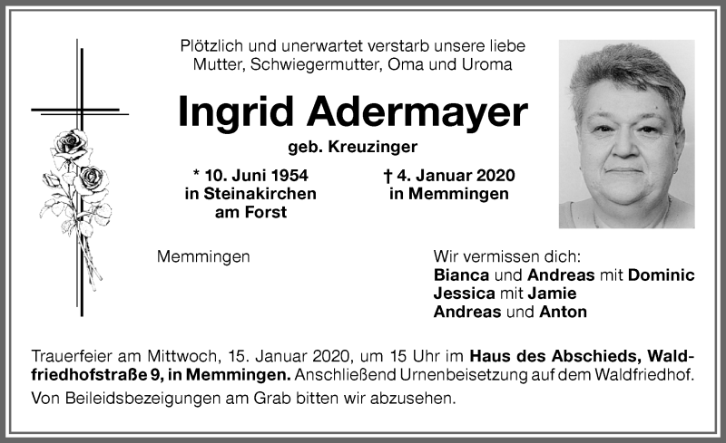 Traueranzeige von Ingrid Adermayer von Memminger Zeitung