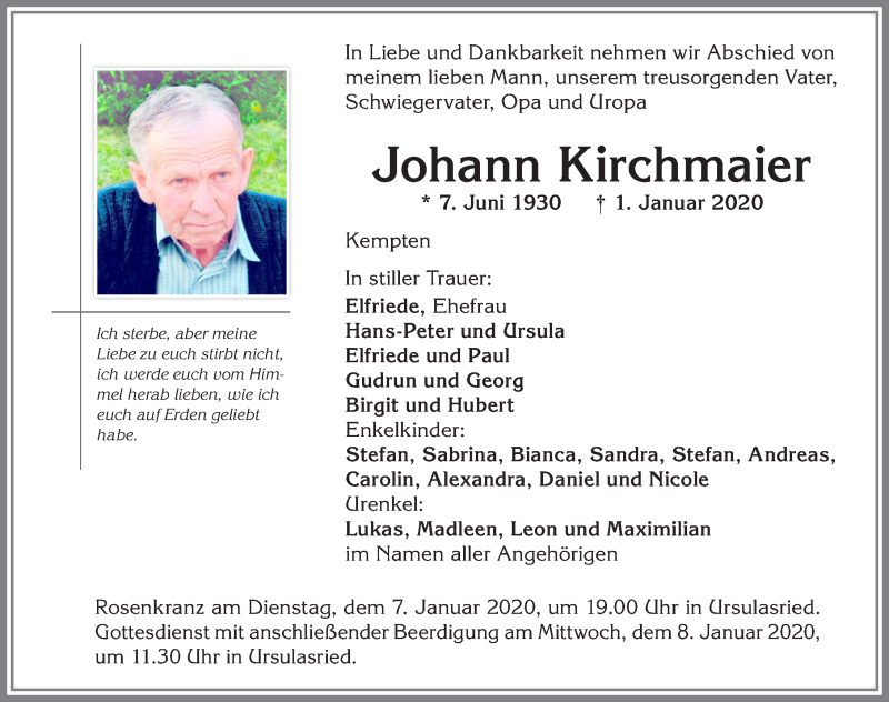 Traueranzeige von Johann Kirchmaier von Allgäuer Zeitung,Kempten