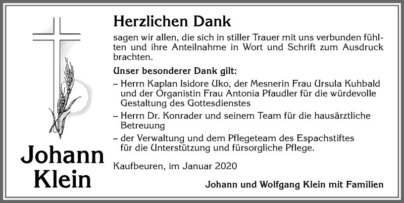 Traueranzeige von Johann Klein von Allgäuer Zeitung, Kaufbeuren/Buchloe