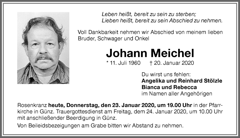 Traueranzeige von Johann Meichel von Memminger Zeitung