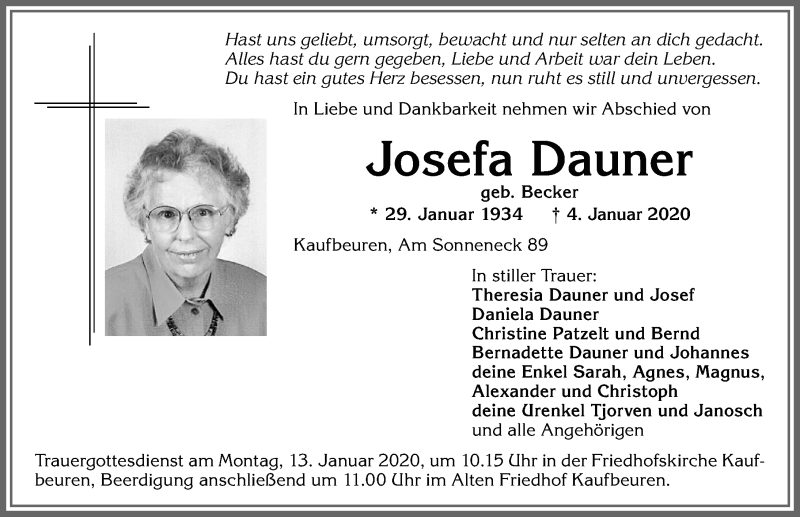 Traueranzeige von Josefa Dauner von Allgäuer Zeitung, Kaufbeuren/Buchloe