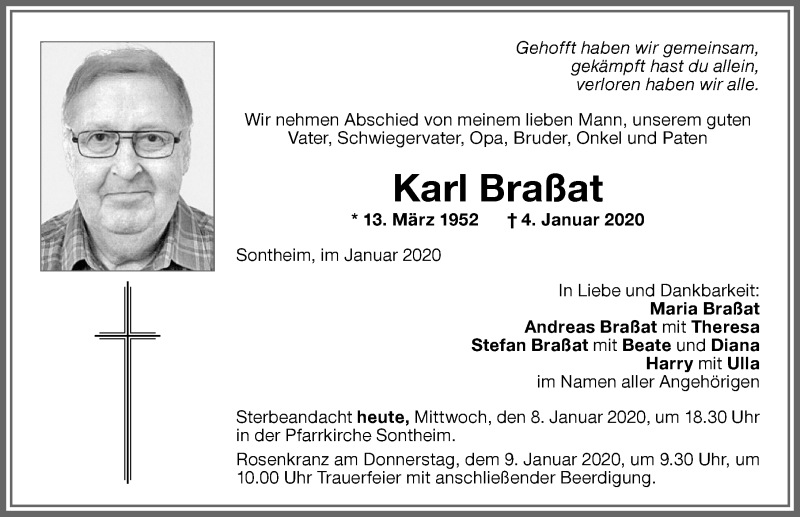 Traueranzeige von Karl Braßat von Memminger Zeitung