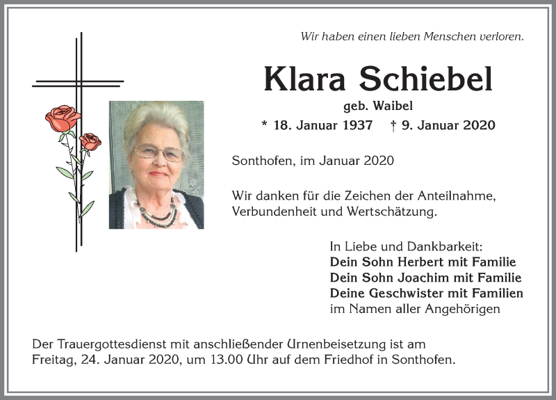 Traueranzeige von Klara Schiebel von Allgäuer Anzeigeblatt
