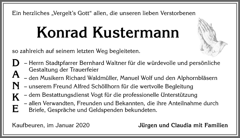 Traueranzeige von Konrad Kustermann von Allgäuer Zeitung, Kaufbeuren/Buchloe