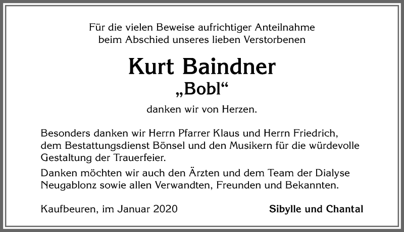 Traueranzeige von Kurt Baindner von Allgäuer Zeitung, Kaufbeuren/Buchloe