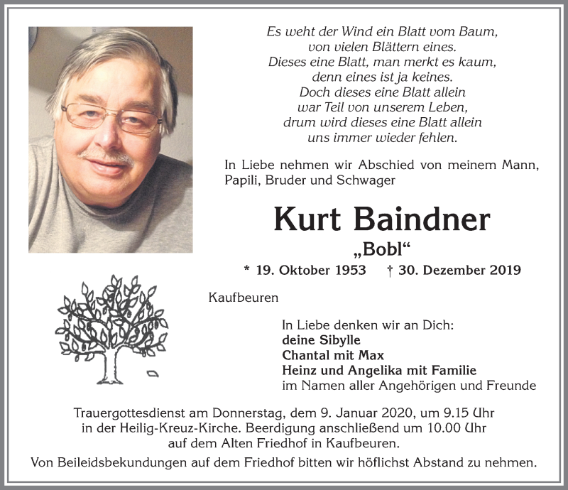 Traueranzeige von Kurt Baindner von Allgäuer Zeitung, Kaufbeuren/Buchloe