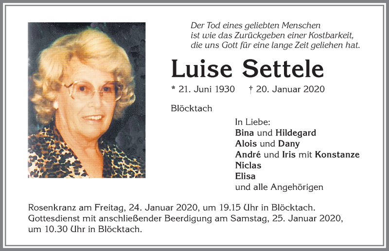 Traueranzeige von Luise Settele von Allgäuer Zeitung, Kaufbeuren/Buchloe