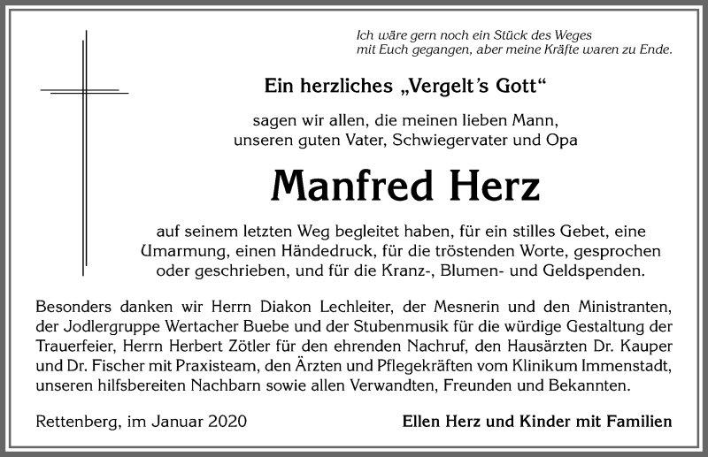 Traueranzeige von Manfred Herz von Allgäuer Zeitung,Kempten