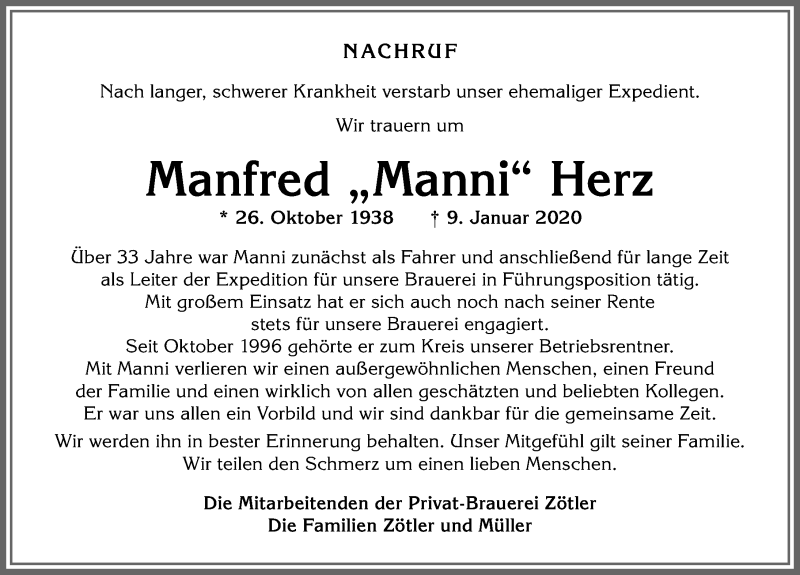 Traueranzeige von Manfred Herz von Allgäuer Anzeigeblatt