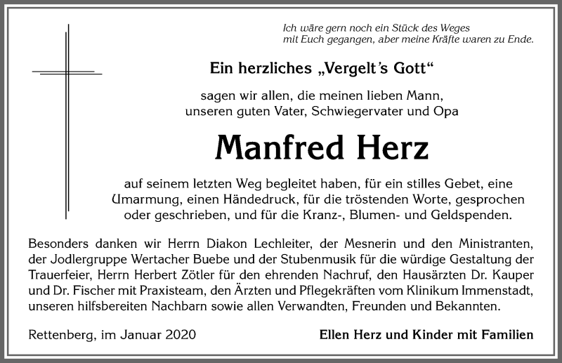 Traueranzeige von Manfred Herz von Allgäuer Anzeigeblatt