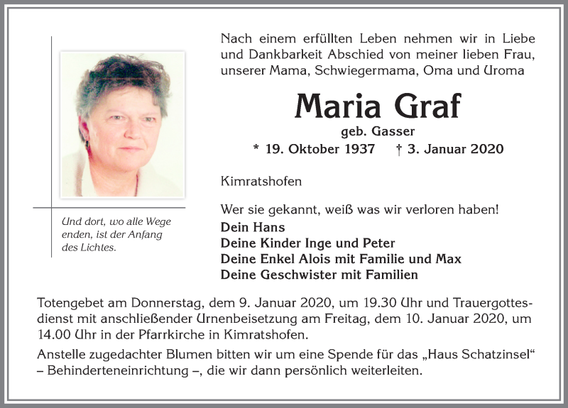 Traueranzeige von Maria Graf von Allgäuer Zeitung,Kempten
