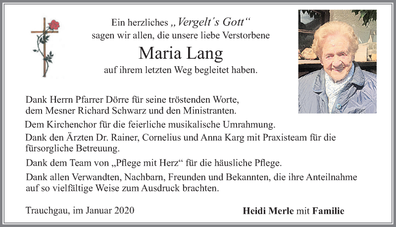 Traueranzeige von Maria Lang von Allgäuer Zeitung, Füssen