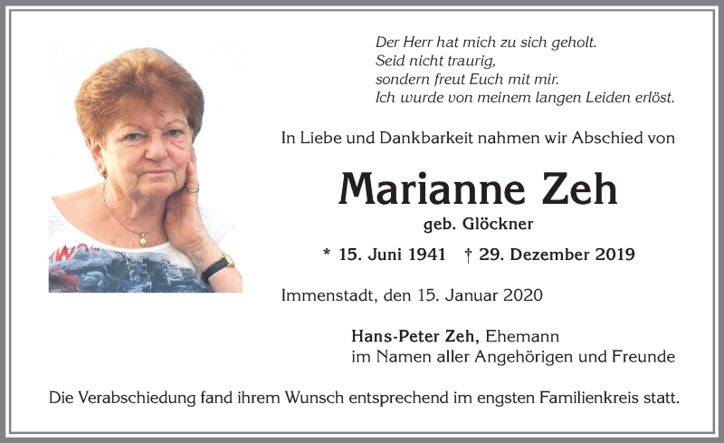 Traueranzeige von Marianne Zeh von Allgäuer Anzeigeblatt