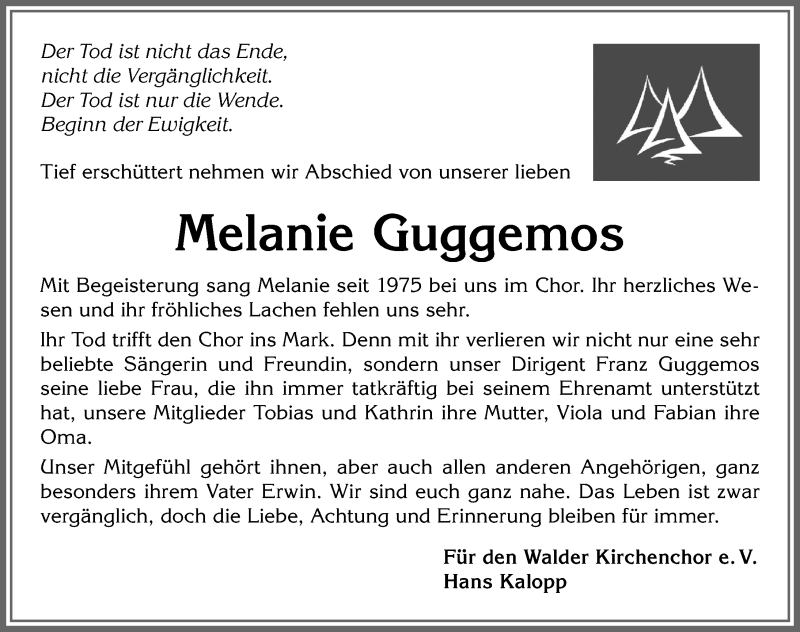 Traueranzeige von Melanie Guggemos von Allgäuer Zeitung, Marktoberdorf