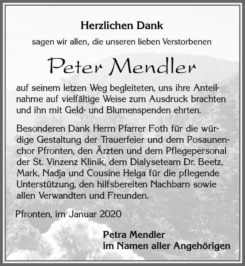 Traueranzeige von Peter Mendler von Allgäuer Zeitung, Füssen