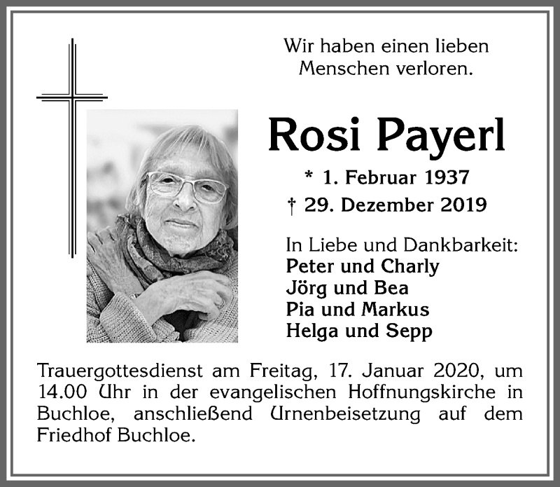 Traueranzeige von Rosi Payerl von Allgäuer Zeitung, Kaufbeuren/Buchloe