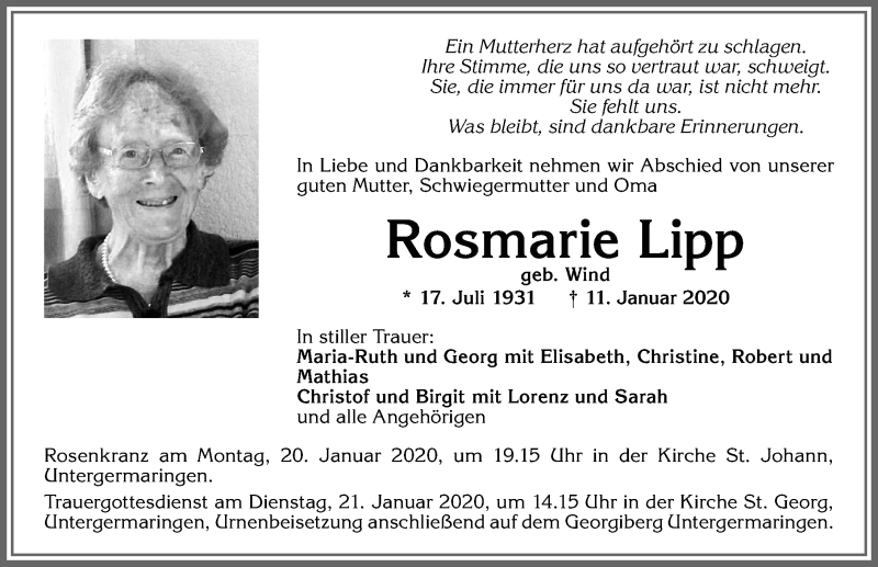 Traueranzeige von Rosmarie Lipp von Allgäuer Zeitung, Kaufbeuren/Buchloe