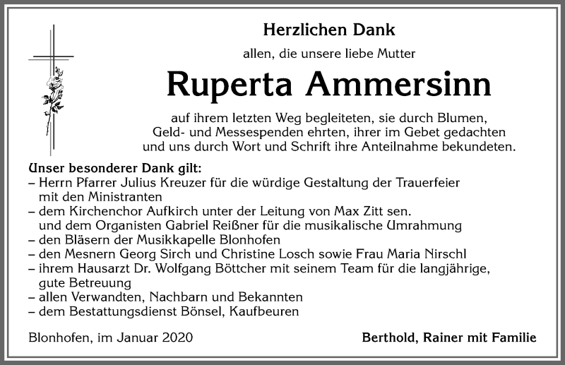 Traueranzeige von Ruperta Ammersinn von Allgäuer Zeitung, Kaufbeuren/Buchloe