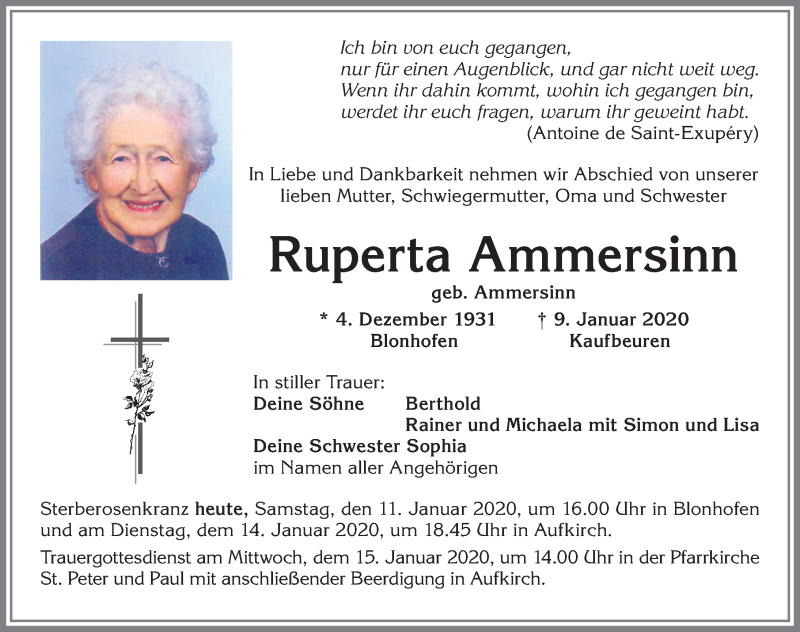 Traueranzeige von Ruperta Ammersinn von Allgäuer Zeitung, Kaufbeuren/Buchloe