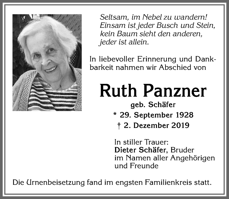 Traueranzeige von Ruth Panzner von Allgäuer Zeitung, Kaufbeuren/Buchloe