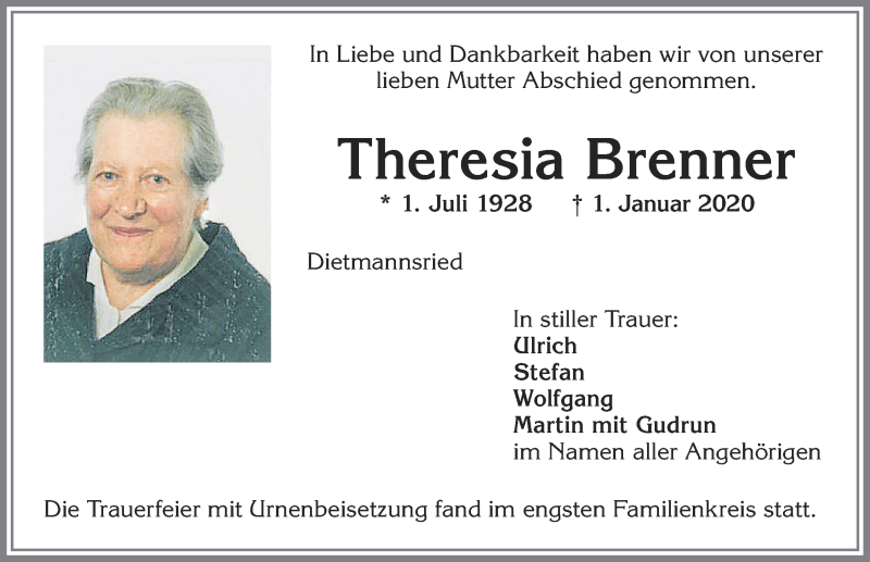 Traueranzeige von Theresia Brenner von Allgäuer Zeitung,Kempten