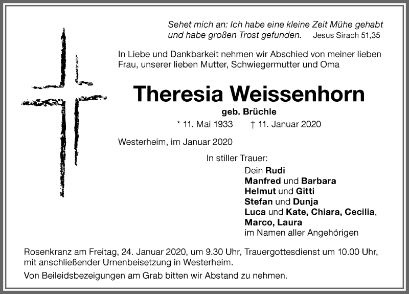 Traueranzeige von Theresia Weissenhorn von Memminger Zeitung