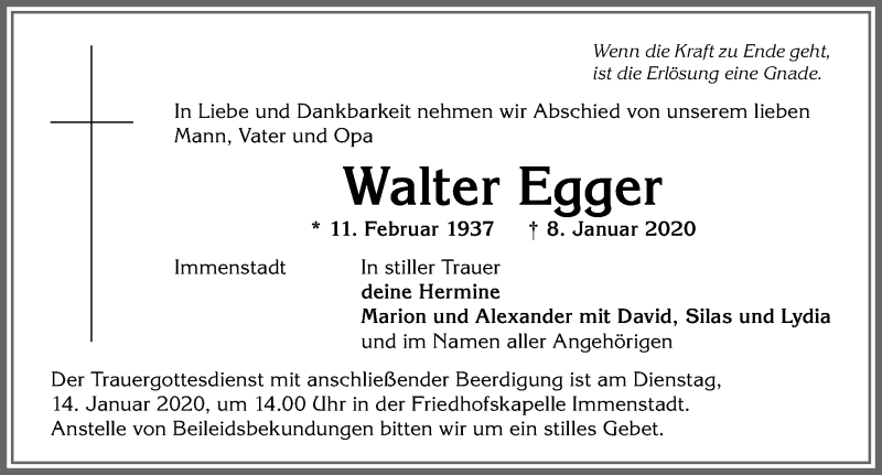 Traueranzeige von Walter Egger von Allgäuer Anzeigeblatt