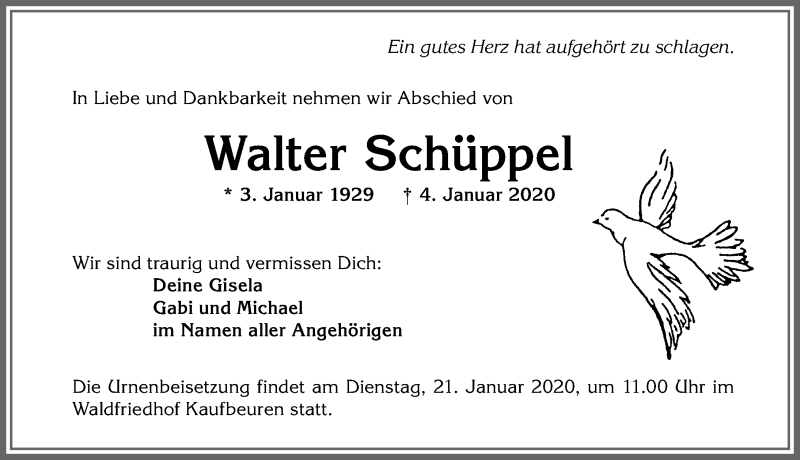 Traueranzeige von Walter Schüppel von Allgäuer Zeitung, Kaufbeuren/Buchloe
