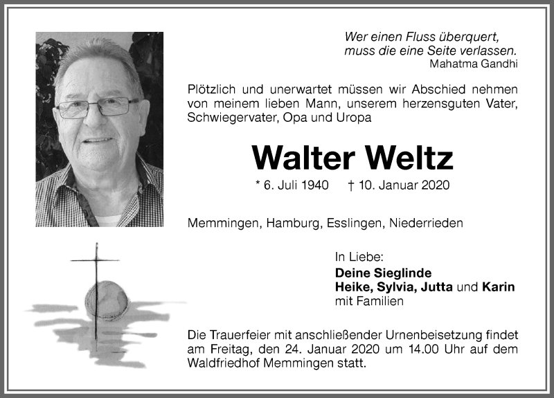 Traueranzeige von Walter Weltz von Memminger Zeitung
