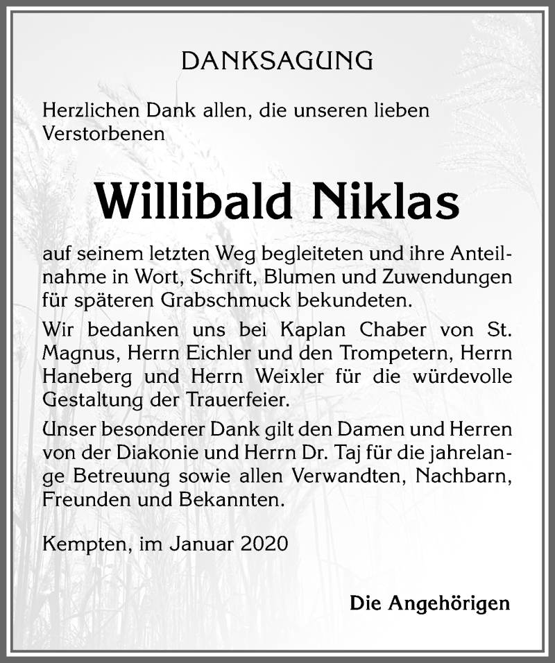 Traueranzeige von Willibald Niklas von Allgäuer Zeitung,Kempten