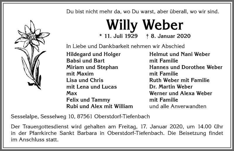 Traueranzeige von Willy Weber von Allgäuer Anzeigeblatt