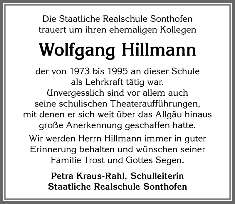 Traueranzeige von Wolfgang Hillmann von Allgäuer Anzeigeblatt