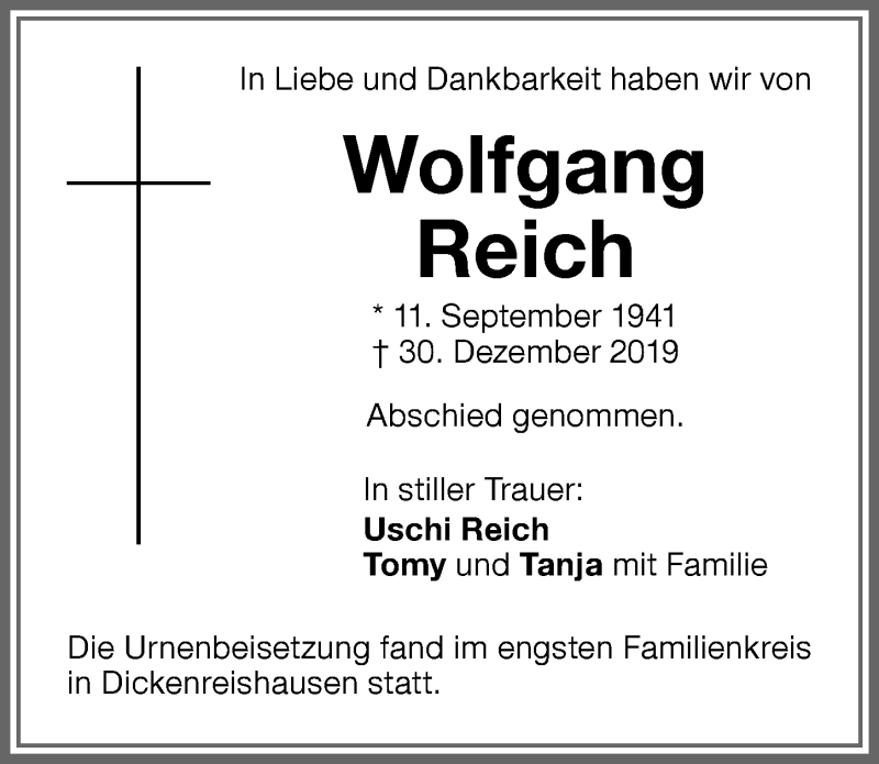 Traueranzeige von Wolfgang Reich von Memminger Zeitung