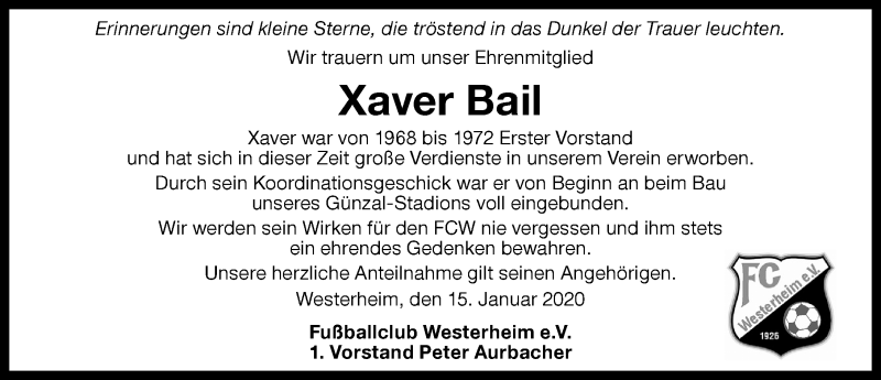 Traueranzeige von Xaver Bail von Memminger Zeitung