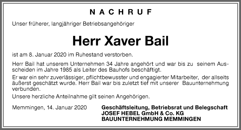 Traueranzeige von Xaver Bail von Memminger Zeitung