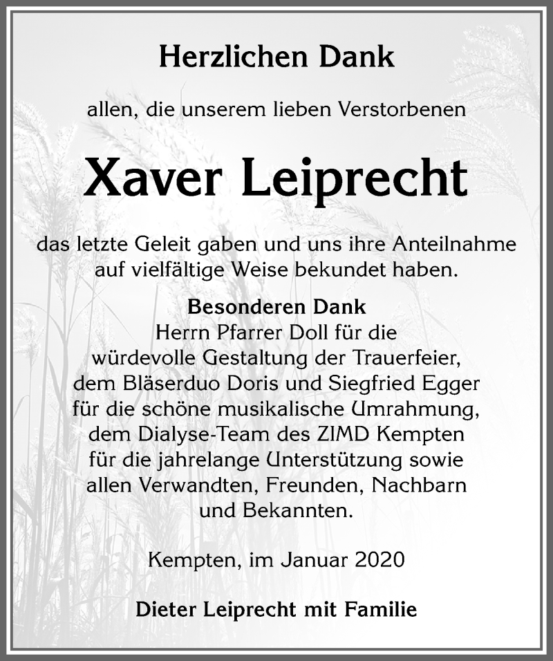 Traueranzeige von Xaver Leiprecht von Allgäuer Zeitung,Kempten