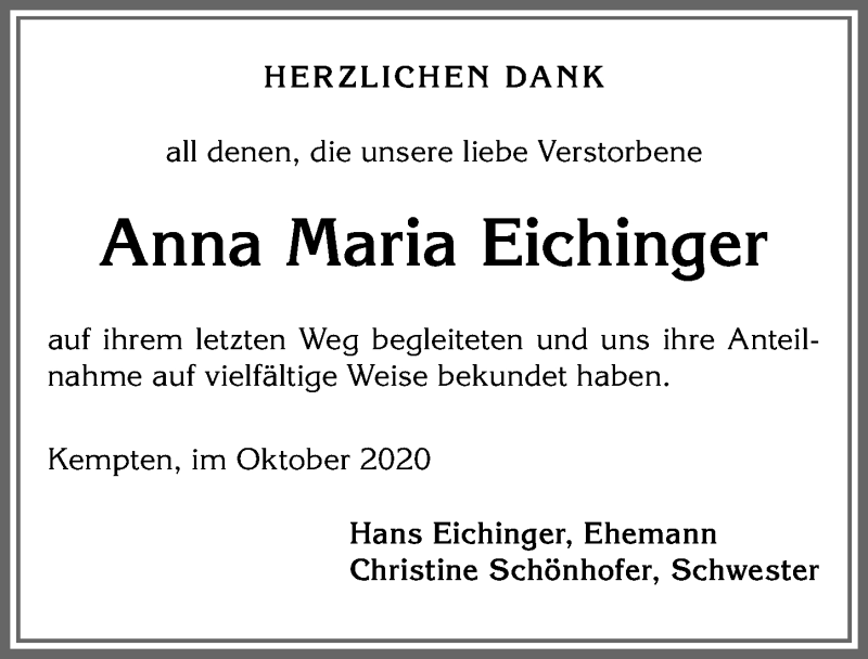 Traueranzeige von Anna Maria Eichinger von Allgäuer Zeitung,Kempten