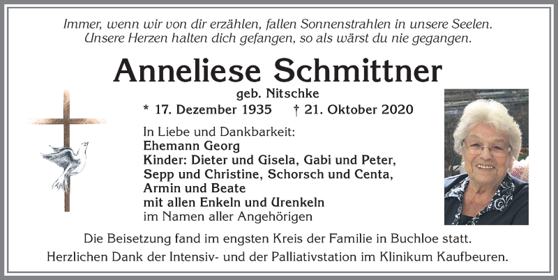 Traueranzeige von Anneliese Schmittner von Allgäuer Zeitung, Kaufbeuren/Buchloe