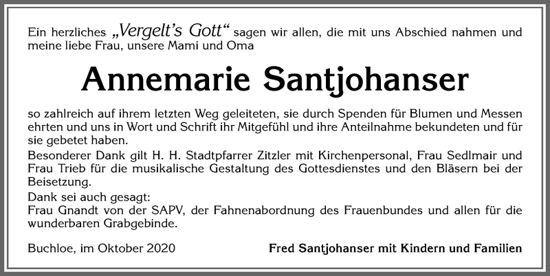 Traueranzeige von Annemarie Santjohanser von Allgäuer Zeitung, Kaufbeuren/Buchloe