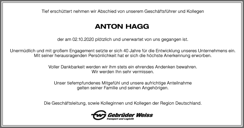 Traueranzeige von Anton Hagg von Memminger Zeitung