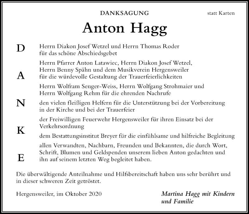 Traueranzeige von Anton Hagg von Der Westallgäuer