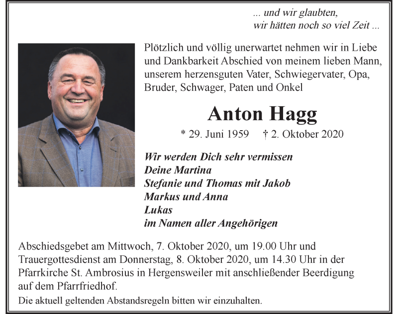 Traueranzeige von Anton Hagg von Der Westallgäuer