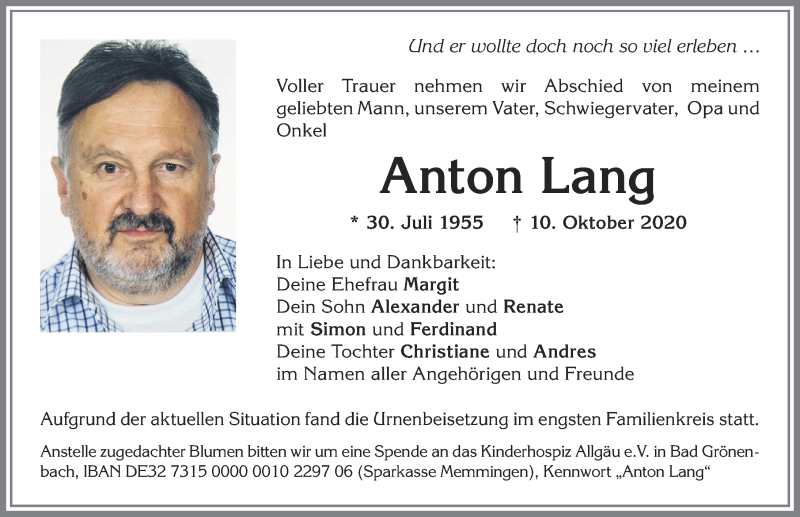 Traueranzeige von Anton Lang von Allgäuer Zeitung,Kempten