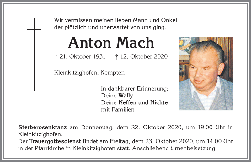 Traueranzeige von Anton Mach von Allgäuer Zeitung, Kaufbeuren/Buchloe